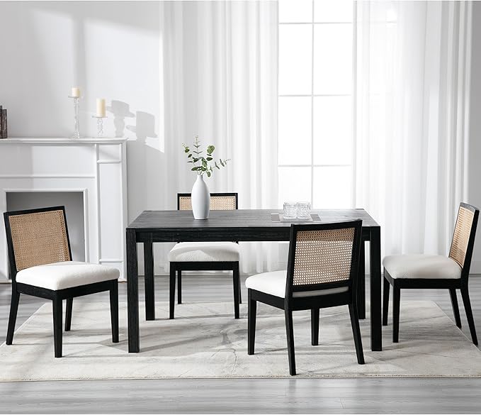 VESCASA Upholstered Dining Chairs with Square Rattan Back, Armless Padded Sherpa Fleece Cushion Dining Chairs with Wood Legs for Dining Room, Kitchen, Set of 6, Black Frame