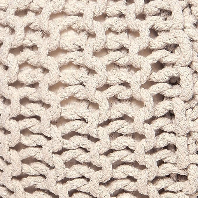 REDEARTH Round Pouf Ottoman - Cable Knitted Boho Poof - Home Décor Cord Pouffe Handmade Circular Footrest for Living Room - Bedroom - Kids Bedroom - 100% Cotton Pouf (18" x 18" x 14") - Ivory