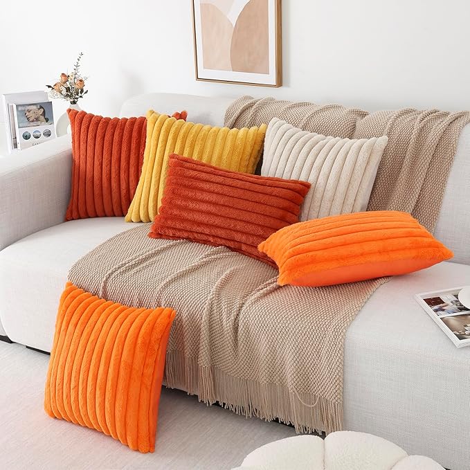Pallene Faux Fur Plush Fall Throw Pillow Covers 24x24 Set of 2, Luxury Soft Fluffy Striped Decorative Pillow Covers for Sofa, Couch, Living Room, Burnt Orange