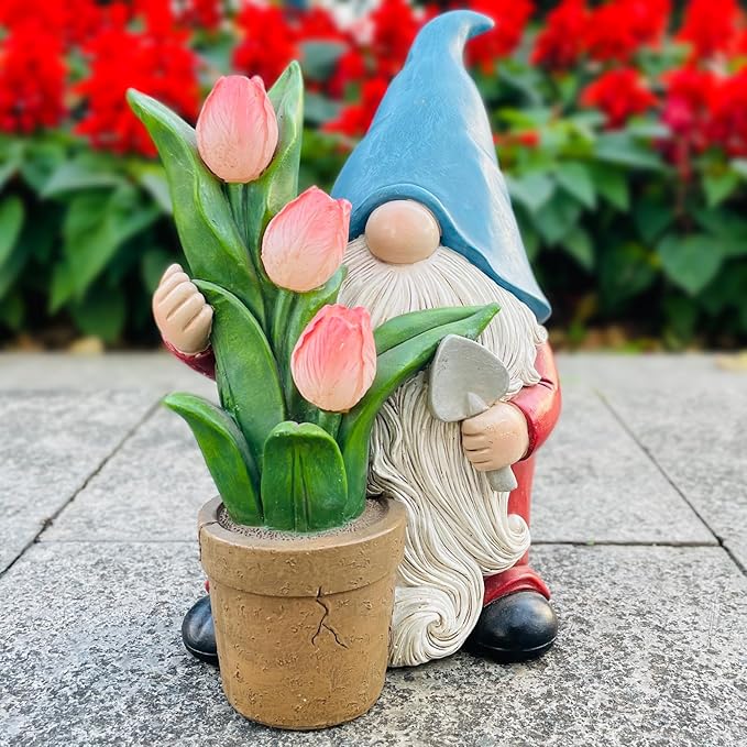 COWOS Garden Gnome Statue, Sculpture of a Dwarf Holding a Shovel and a Flower Pot, Solar Gnome Statues Outdoor Decor, Outside Lawn Patio Yard Ornament Gifts