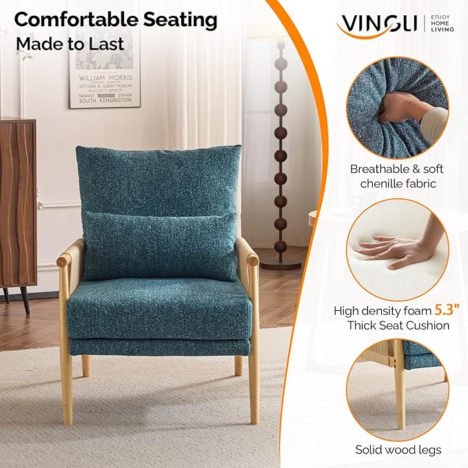 VINGLI Boho Braid Accent Armchairs Set of 2,Mid-Century Modern Chiars with Solid Wooden Armrest,Comfy Louge Cushion Chairs with Waist Pillow for Bedroom,Living Room,Reading Room, Teal