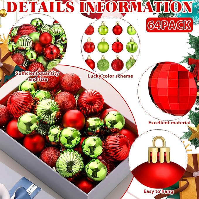 64 Pcs Christmas Ball Ornaments Lime Green Red Plastic Glitter Christmas Tree Decoration Assorted Size Hanging Xmas Ornament for Tree Home Indoor Decor, 1.6/1.97/2.4 Inch