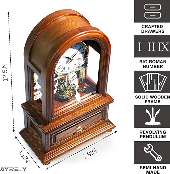 AYRELY® Wooden Table Anniversary Clock, Antique Shelf Clocks, Revolving Pendulum Mantel Clocks, Desk Grandfather Clock for Living Room, Home Decor Gift
