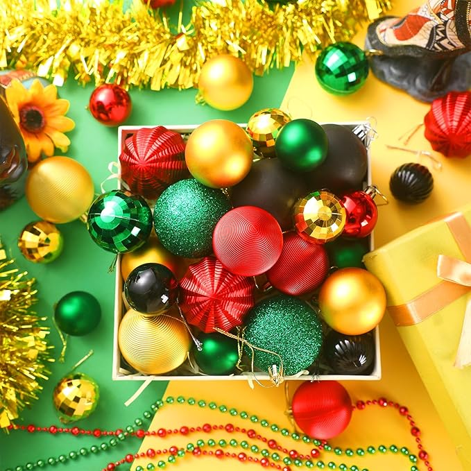 64 Pcs Black History Month Christmas Ball Ornaments Decoration Glitter Matte African American Ornament 1.6/1.97/2.4 Inch Assorted Black Red Yellow Green Xmas Baubles for Home Tree Party