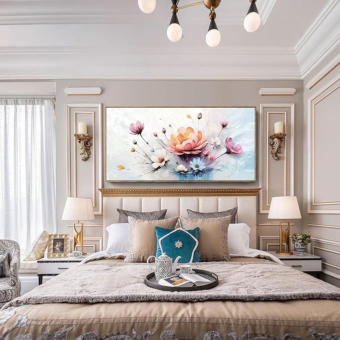 amatop Framed Floral Canvas Wall Art – Oversized Pink Blue Abstract Bloom Flower Print Daisy & Peony Picture Elegant Botanical Nature Large Artwork for Living Room Bedroom Dining Entryway Decor 58x29 inch