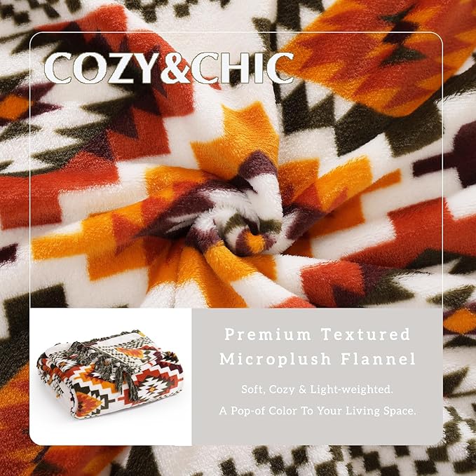CASAAGUSTO Boho Throw Blanket - Orange and Green Decorative Blankets with Tassel, Printed Flannel Bohemian Blanket for Chair, Bed, Sofa, Couch(60 * 80, Orange and Green)