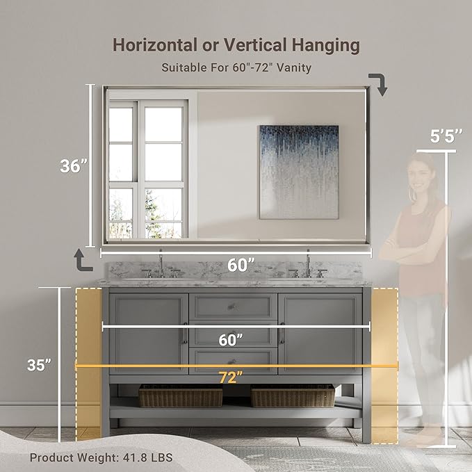 60 x 36 Brushed Nickel Bathroom Mirror, Beveled Framed Rectangle With Anti-Rust Frame, Shatterproof, Vertical/Horizontal Wall-Mounted