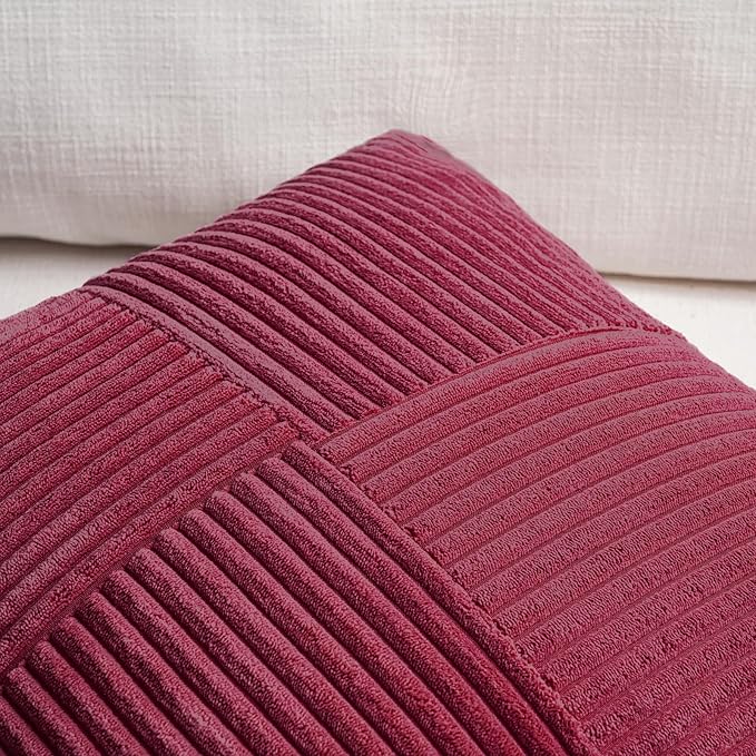 Fancy Homi 2 Packs Burgundy Lumbar Decorative Throw Pillow Covers 14x24 Inch for Living Room Couch Bed, Farmhouse Boho Home Decor, Soft Striped Corduroy Rectangle Accent Cushion Case 35x60 cm