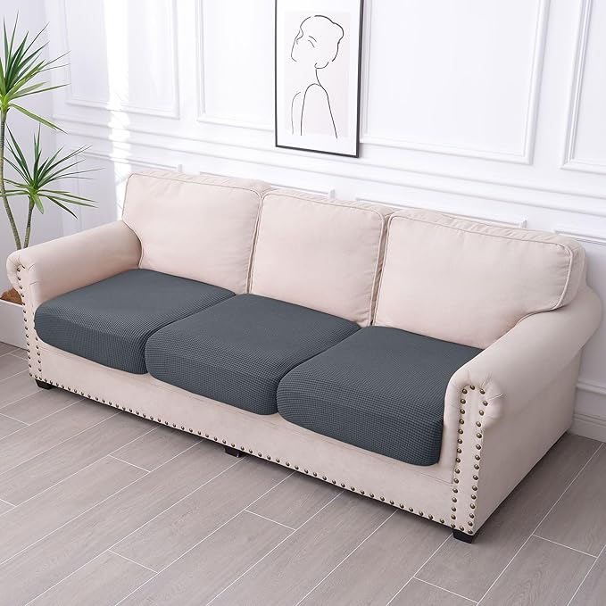 hyha Waterproof Couch Cushion Covers for Pets, Non Slip Sofa Seat Cover for Dogs Washable, Soft Thick Stretch Jacquard Fabric, Sofa Slipcovers with Elastic Bottom (3 Pieces, Grey)