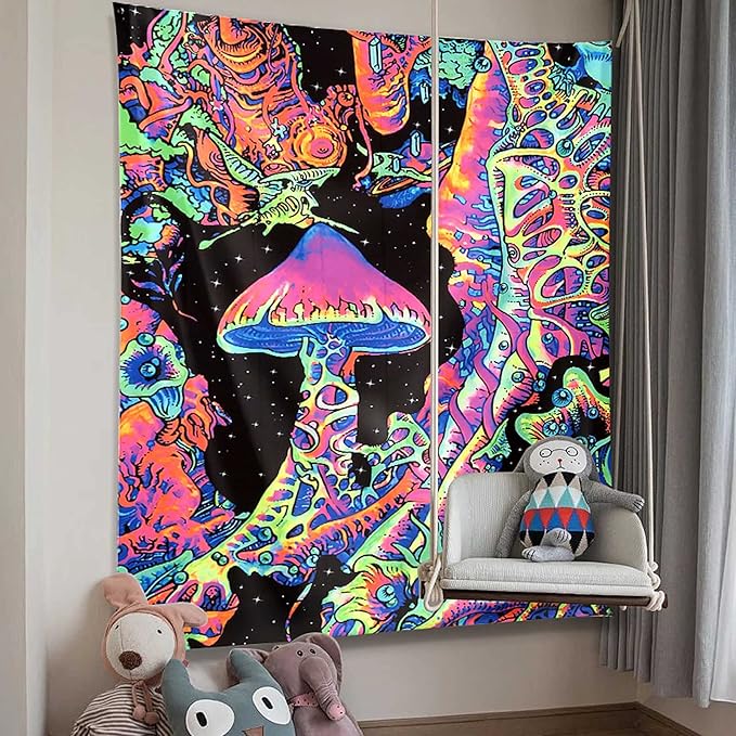 ADDWel Blacklight Mushroom Tapestry, Upright Tapestry Glow In The Dark, UV Reactive Black Light Tapestries Posters Wall Hanging for Backdrop Bedroom Dorm Living Room Decor(70"x90")