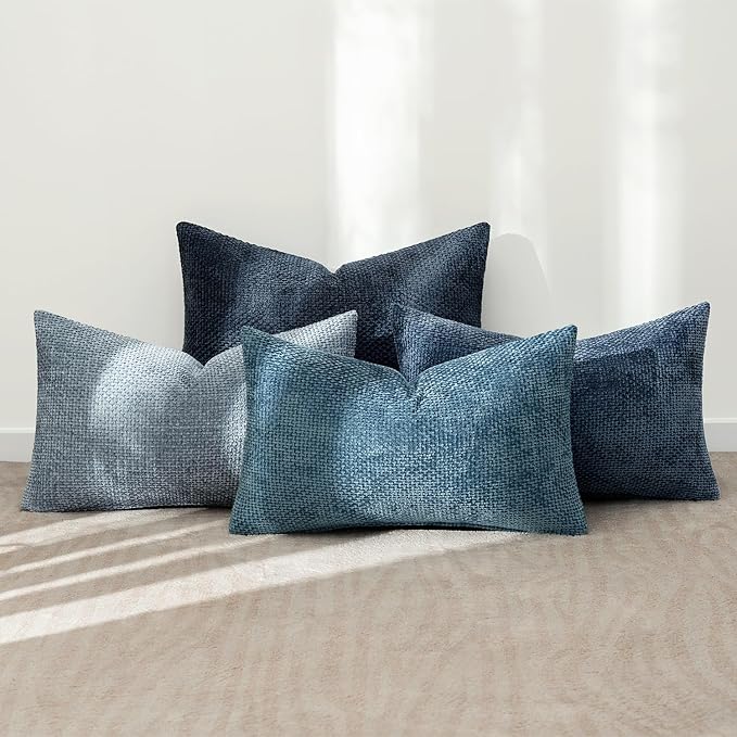 MIULEE Pack of 4 Couch Throw Pillow Covers 12x20 Inch Neutral Blue Soft Decorative Chenille Pillow Covers Farmhouse Accent Cushion Covers for Boho Western Home Coastal Decor Sofa Bedroom Living Room