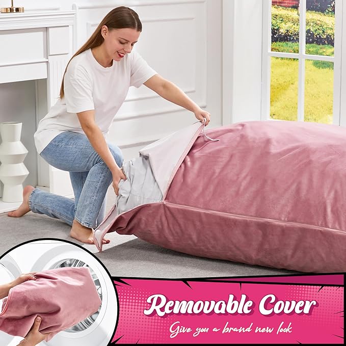 Hobestluk 3 in 1 Bean Bag Chair Giant Bean Bag Chairs for Adults with Velvet Cover Convertible Bean Bag Floor Cushion with Machine Washable Cover for Living Room (Velvet Pink)