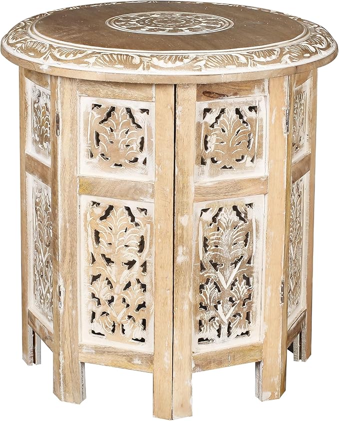 Lightnpro Hand Carved Solid Mango Wood Octagonal Accent Table - 18"×18" White Wash Farmhouse Vintage Home Décor Round End Table for Living Room, Bedroom, Entryway - Rustic Boho Side Table