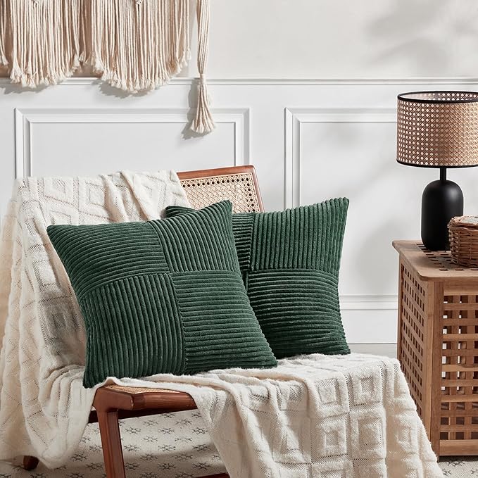 Fancy Homi Set of 2 Dark Green Decorative Throw Pillow Covers 20x20 Inch for Living Room Couch Bed, Boho Farmhouse Forest Green Home Decor, Soft Corss Corduroy Patchwork Textured Cushion Case