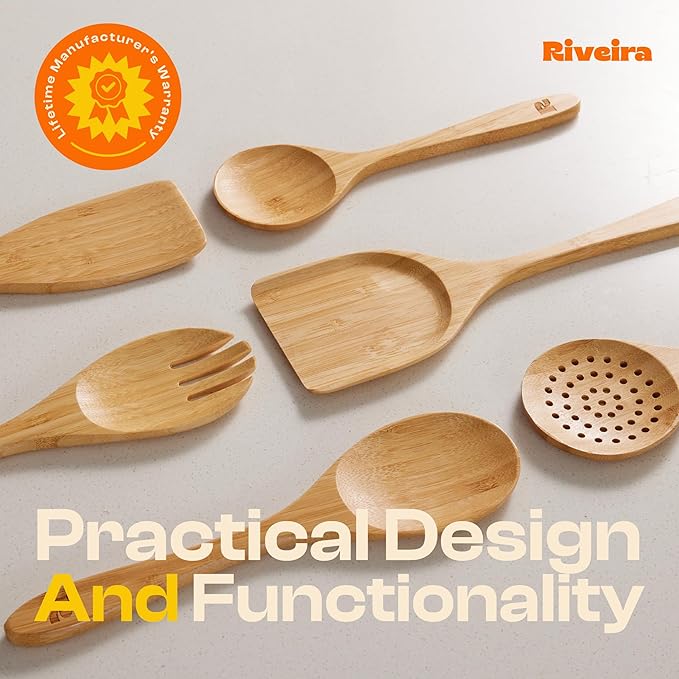 Riveira Brown Bamboo Wooden Spoons for Cooking Set of 6 – Natural Brown Bamboo Wooden Cooking Utensils, Wooden Spatula, Wooden Spoon - Premium Quality Wooden Utensil Set for Non-Toxic Cooking
