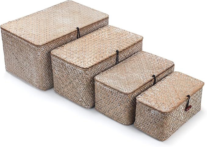 Wicker Basket with Lid, Seagrass Storage Basket, Woven Decorative Storage Baskets for Shelf Organizing, Whitewash