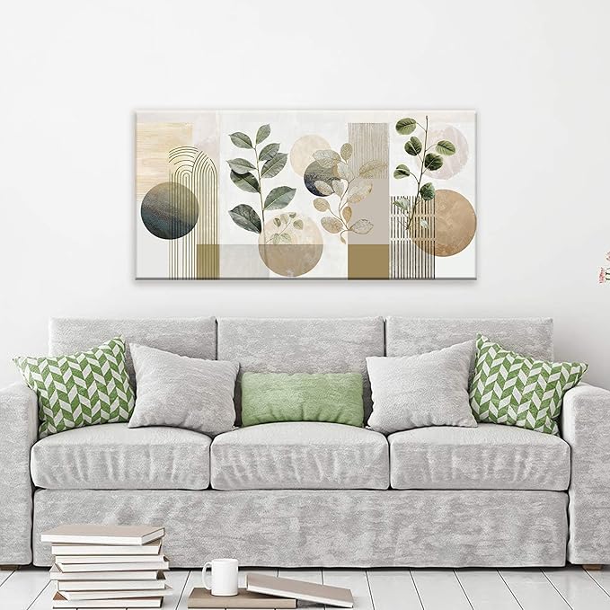 TAIJXAGSG Green Boho Wall Art Minimalist Canvas Wall Art Decor Geometric Line Leaf Beige Green Wall Art Canvas Artwork Print Paintings Abstract Art Botanical Boho Room Office Home Wall Decor 20"X 40"