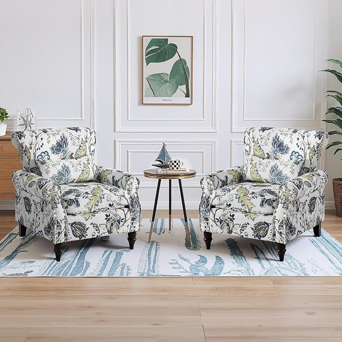 Wingback Accent Chair with Removable Pillow, High Back Floral Armchair with Solid Wood Legs & Nailhead Trim, Comfy Upholstered Reading Single Sofa Chair for Bedroom (2, Blue Floral Pattern)