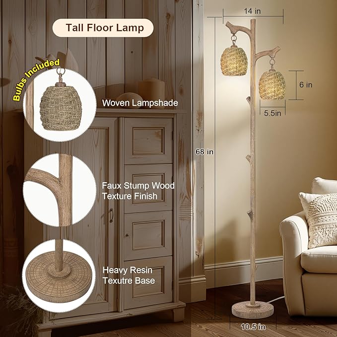 Scenekoy Vintage 68” Tall Floor Lamp with Straw Rope Woven Shade, Retro Resin Standing Lamp Tree Trunk Finish, Dimmable Corner Lamp Stand Up Light with Bulb Prefer for Living Room Bedroom Home Decor