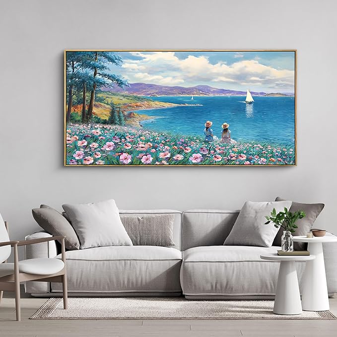 XLSJERST Landscape Wall Art - Blue Ocean Pink Flower Sailboat Mountain Tree Decor Orange Frame Artwork for Wall Large Picture for Living Room Bedroom Home Office Wall Decoration Size 20x40