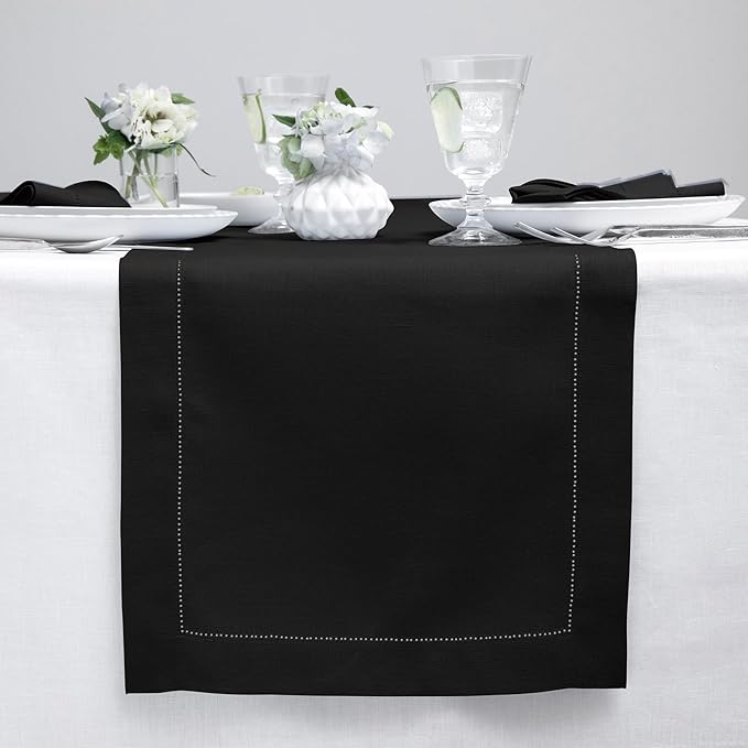Solino Home Linen Black Table Runner 90 Inches Long - 100% Pure Linen Hemstitch 14 x 90 Inch Table Runner for Dining, Fall, Autumn, Halloween, Thanksgiving - Classic Hemstitch