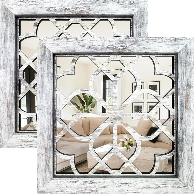 Boho Square Wall Mirrors Set of 2-12" x12'Decorative Mirrors for Wall Decor, BrownHandcrafted Mirror Panels Perfect for LivingRoom Bedroom Entryway Hallway (Grey)