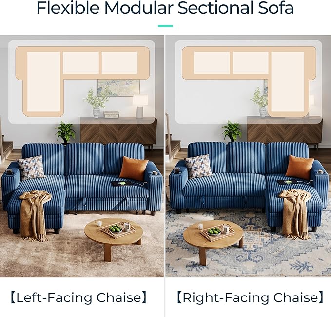 LINSY HOME Sectional Sleeper Sofa with Pull Out Couch Bed - Convertible Plush Corduroy Cloud Couch with Storage Chaise & USB Charging, Comfy L Shaped Modular Couches for Living Room Apartment, Blue