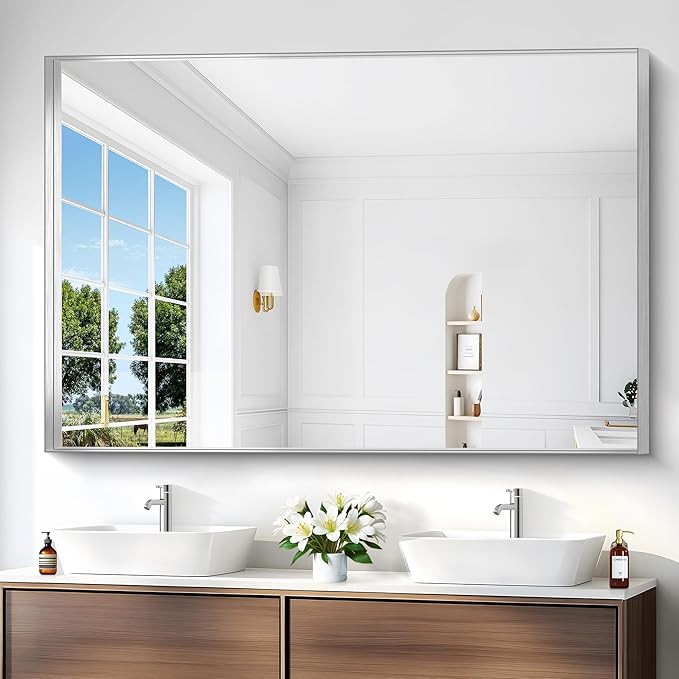 Silver Bathroom Mirror, 60x40 Inch Rectangular Framed Mirror, Large Wall Mounted Bathroom Vanity Mirror Over Sink for Bedroom,Restroom, Living Room, Hangs Vertically or Horizontally