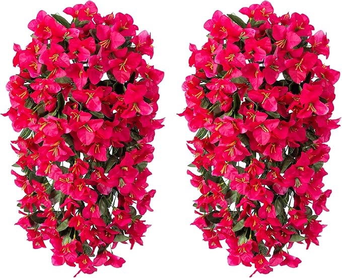 Faux Bougainvillea Artificial Flowers Plants for Outdoors Outside Decoration, 2 PCS Fake Flowers Silk Long Trailing Vines UV Resistant Realistic for Front Door Porch Planter Urn Patio Balcony Hot Pink