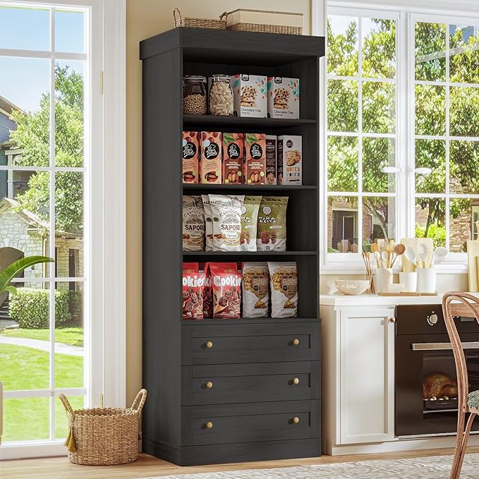 Vyre 71" Tall Farmhouse Bookshelves with Glass Doors and Drawers, Set of 3 – Large Modular Bookcase with Adjustable Shelves, Storage Cabinet for Living Room, Kitchen, Black