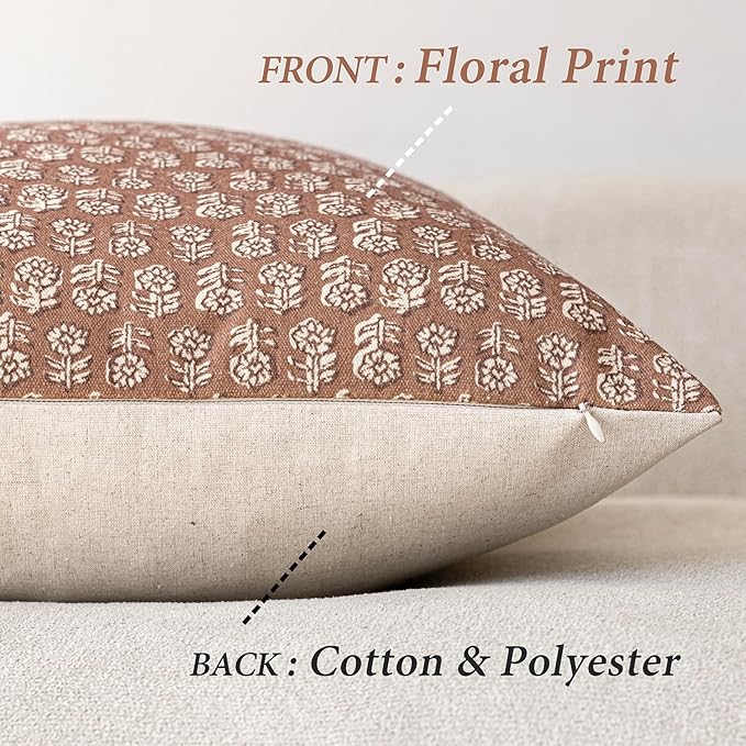 Foindtower Set of 2 Decorative Neutral Floral Print Throw Pillow Covers Vintage Farmhouse Cushion Covers Boho Home Decor for Sofa Chair Couch Bedroom Living Room,18×18 Inch,Light Orange Brown