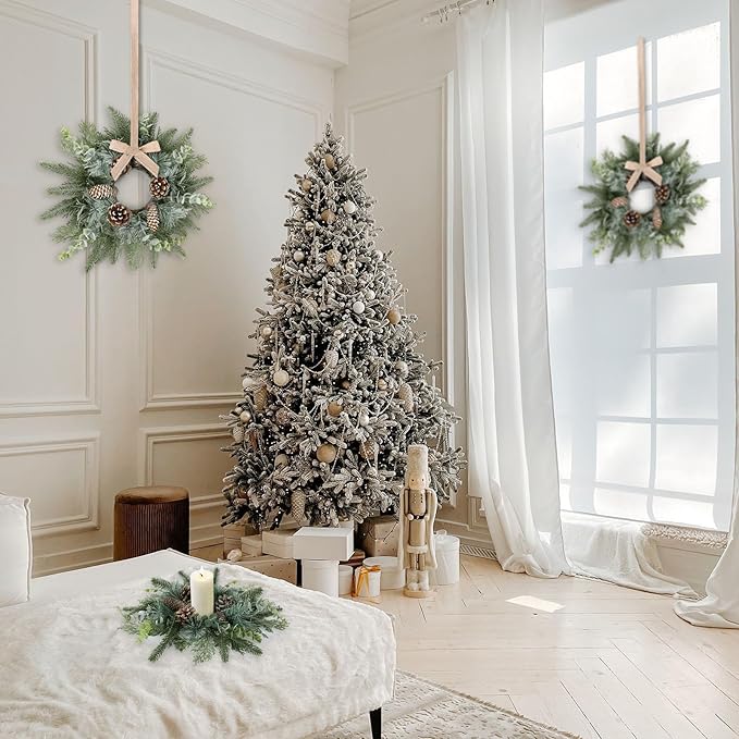 6 PCS Christmas Mini Cabinet Wreaths for Kitchen with Burlap Ribbon Norfolk Snowy Pine Needles Garland Pinecones Artificial Cedar Wreaths for Xmas Front Door Window Home Table Pillar Chair Wall Decor