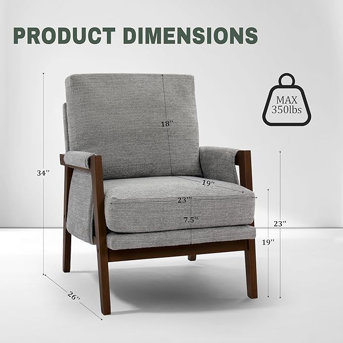 Modern Accent Chairs Set of 2 for Living Room Mid Century Arm Chairs Upholstered Bedroom Chairs Comfy Lounge Chairs with Solid Wood Frame, Grey
