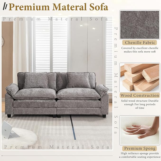 URRED Modular Sectional Sofa Comfy Cloud Couch, Modern Chenille Sofa Sleeper Deep Seat Couches with Ottoman/Pillows for Living Room (Gray, 82.6'')