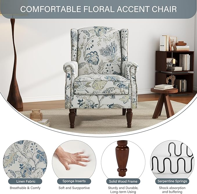 UIXE High Back Floral Accent Chair, Upholstered Armchair in Fabric, Retro Printed Wingback Arm Chair for Living Room, Nailhead Trim Single Sofa Bedroom Reading Seat - Plants Blue