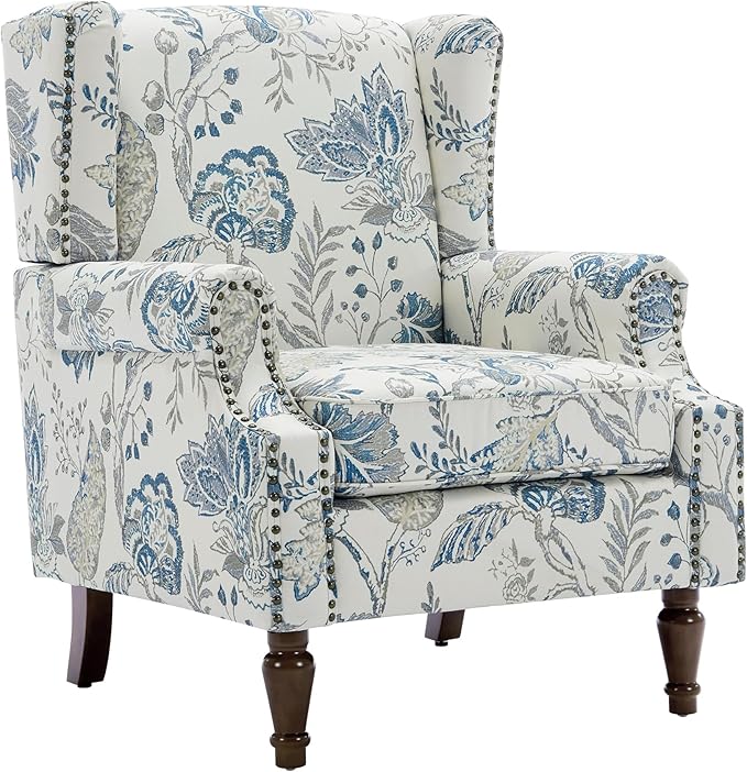 UIXE High Back Floral Accent Chair, Upholstered Armchair in Fabric, Retro Printed Wingback Arm Chair for Living Room, Nailhead Trim Single Sofa Bedroom Reading Seat - Plants Blue