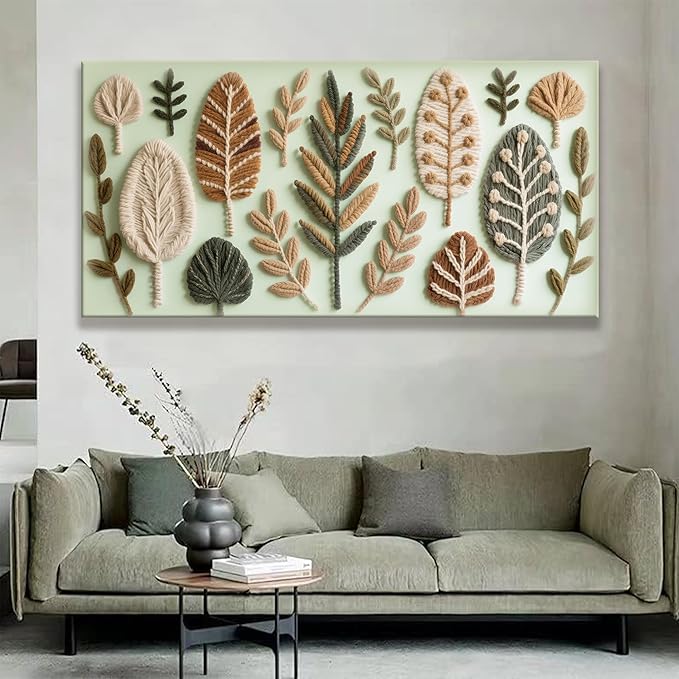 Large Boho Wall Art For Living Room Chic Home Green Wall Art Modern Multicolor Print Paintings Leaves Feather Canvas Wall Art Decor Picture For Bedroom Apartment Kitchen Ready To Hang 29"W X 58"L