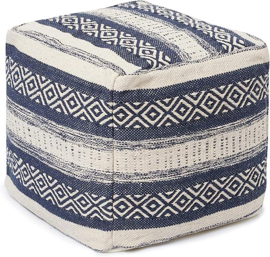 REDEARTH · Tufted Pouf Ottoman with Filler Textured Storage Cube Bean Bag Pouffe Footrest for Living Room, Bedroom, Nursery, Home Decor; 100% Cotton (17.5"X17.5"X17.5", Indigo Impressions)