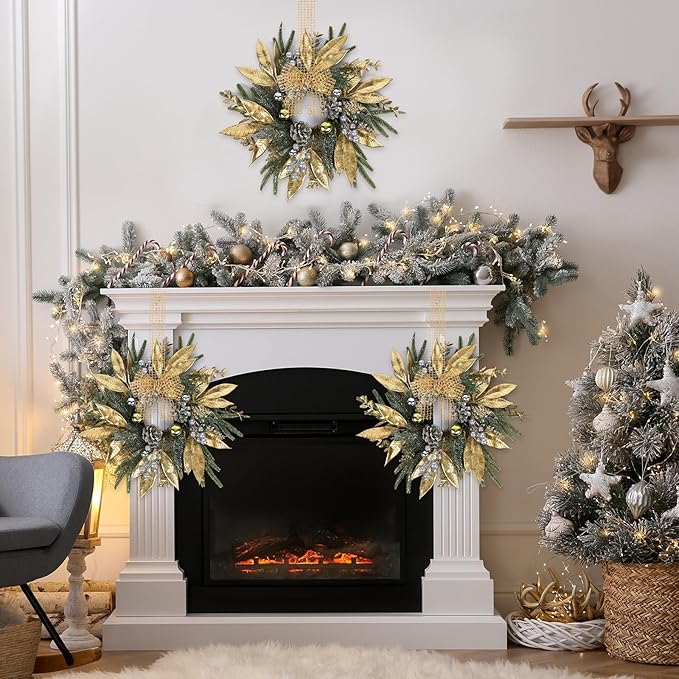 6 Pcs 9 Inch Christmas Wreaths for Kitchen Cabinet Artificial Pine Hanging Cedar Wreath with Christmas Balls Golden Twigs and Silver Berries for Front Door Xmas Winter Farmhouse Home Decorations