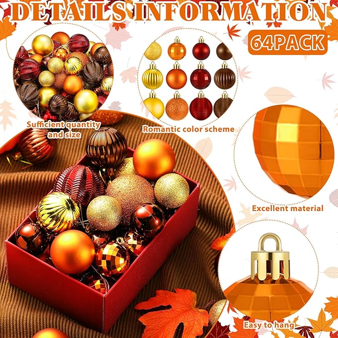 64 Pcs Fall Thanksgiving Ball Ornaments for Christmas Tree Glitter Gold Orange Brown Ornament Hanging Autumn Decoration Assorted Size Harvest Ornament for Home Indoor Decor, 1.6/1.97/2.4 Inch