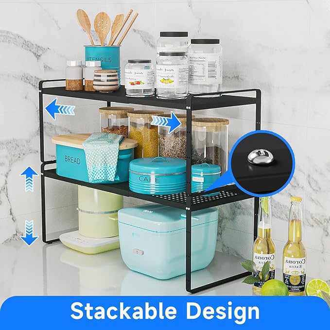 Expandable Kitchen Shelf Organizers, Kitchen Cabinet Organizer Stand Rack Organization for Countertop Cupborad Pantry, Black 1 Pack