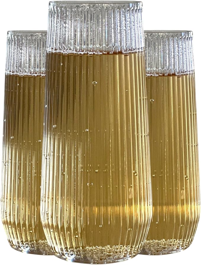 24 Pack Ribbed Ripple Stemless Toasting Glasses, Origami Durable 9 Oz BPA-Free Disposable Plastic Champagne Flutes for Weddings, Bars, Events, and Celebrations (Clear)
