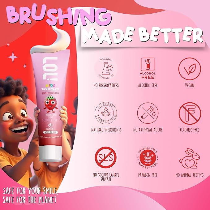LOL Fluoride Free Toothpaste Kids, Nano Hydroxyapatite Toothpaste,Probiotics & Xylitol Tooth Paste Kids | Remineralizing | Natural | Plant-Based Foam | Pasta De Dientes para Niños. (Strawberry)