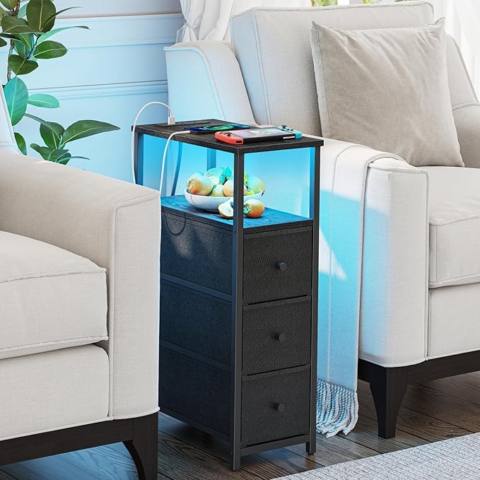 TUTOTAK Narrow LED Night Stand with Charging Station, Slim End Table with Plugins, Tall Side Table with 3 Fabric Drawer, Small Bedside Table with Storage, Set of 2, for Living Room, Black TB01BK073L