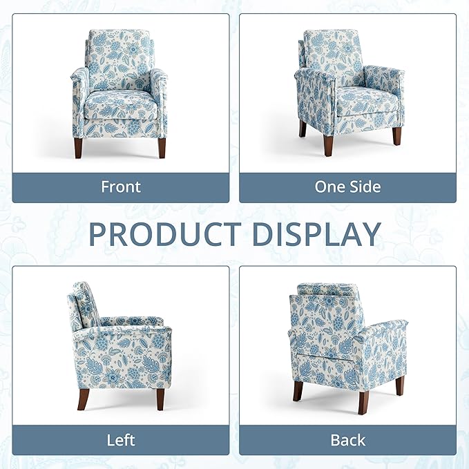 Floral Accent Chair Set of 2, High Back Upholstered Armchair with Solid Wooden Legs, Padded Armrest and Removable Comfortable Cushioned Seat Single Sofa for Living Room, Bedroom, Blue