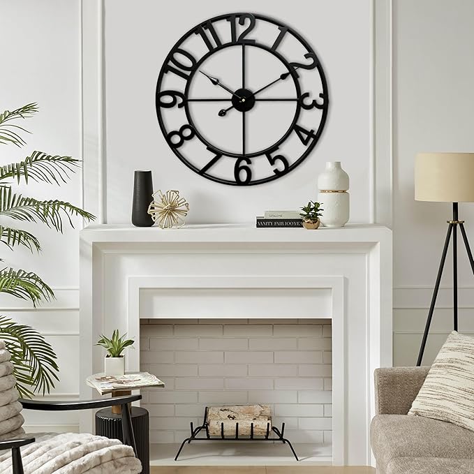 CLXEAST 24 Inch Wall Clocks for Living Room Decor, Black Metal Wall Clock, Arabic Numeral