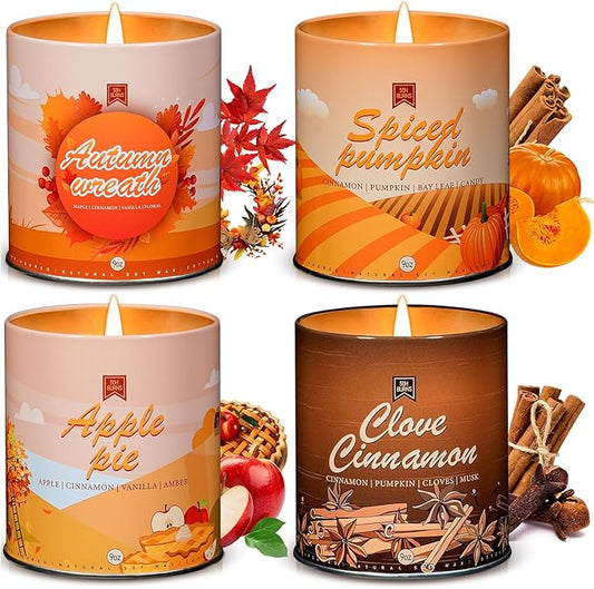 4 Pack Scented Fall Candles Set, 36oz Aromatherapy Soy Wax Candles for Home Scented, Halloween House Warming Gifts Birthday Candle for Women Halloween Apple Pie/Autumn Wreath/Cinnamon/Pumpkin Candle