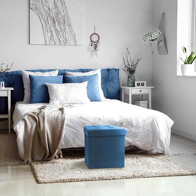 Sorbus Folding Ottoman - Foot Rest Cube, Bedroom Bench, Coffee Table, Shoe Storage, Foot Stool, Pouf - Teal Blue Suede Velvet