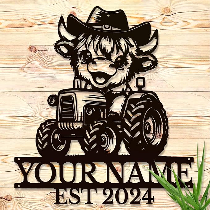 Personalized Highland Cow Name metal Signs,Custom Highland Cow Metal Shed Wall Decor,Black Metal Wall Art Plaques Outdoor wall Decorative Signage (Style B)