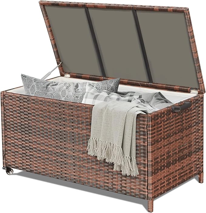 HOMREST Large Deck Box, Outdoor Wicker Storage Container with 70 Gallon, Patio Rattan Furniture for Garden Tools, Pillows, Pool, Brown